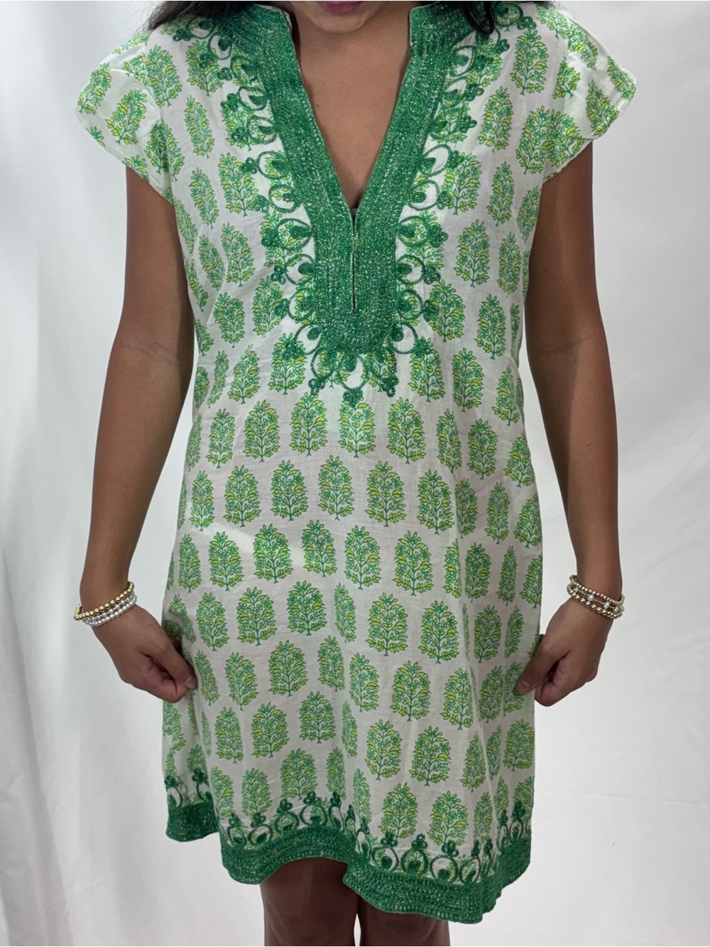 Calypso Block Print Green White Coverup Tunic Dress Small
